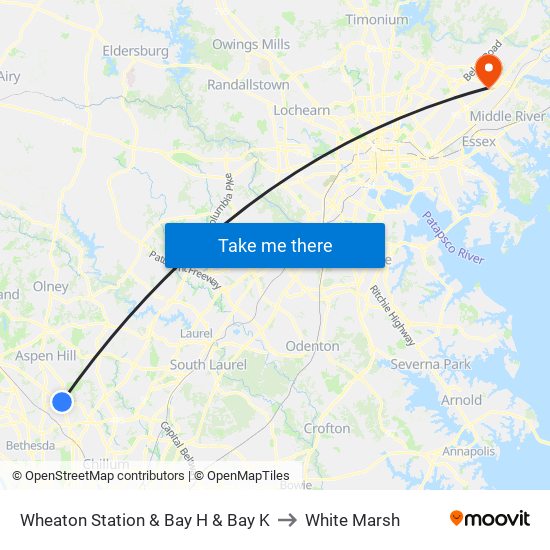 Wheaton Station  & Bay H & Bay K to White Marsh map