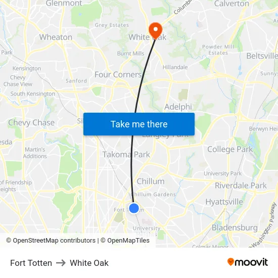 Fort Totten to White Oak map