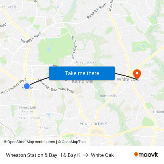 Wheaton Station  & Bay H & Bay K to White Oak map