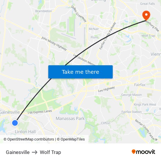 Gainesville to Wolf Trap map