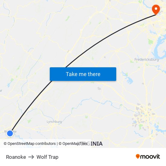 Roanoke to Wolf Trap map