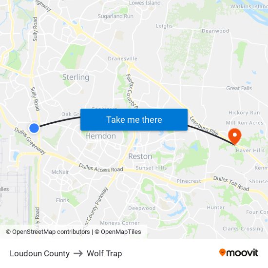 Loudoun County to Wolf Trap map