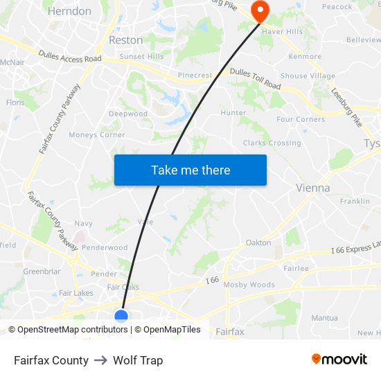 Fairfax County to Wolf Trap map