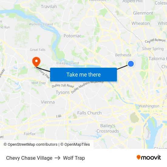 Chevy Chase Village to Wolf Trap map