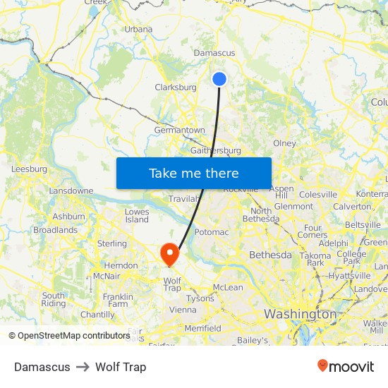 Damascus to Wolf Trap map