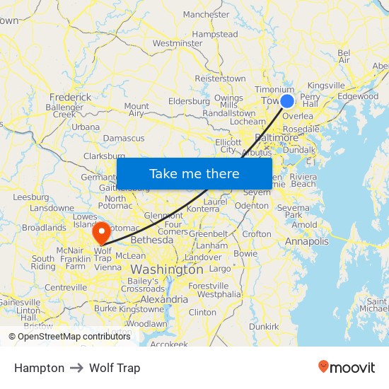 Hampton to Wolf Trap map