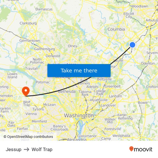 Jessup to Wolf Trap map