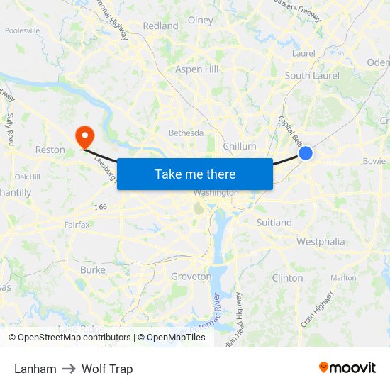 Lanham to Wolf Trap map