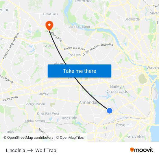 Lincolnia to Wolf Trap map