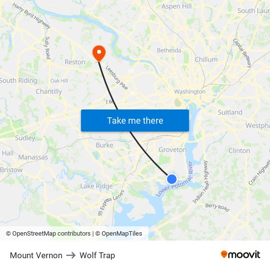 Mount Vernon to Wolf Trap map