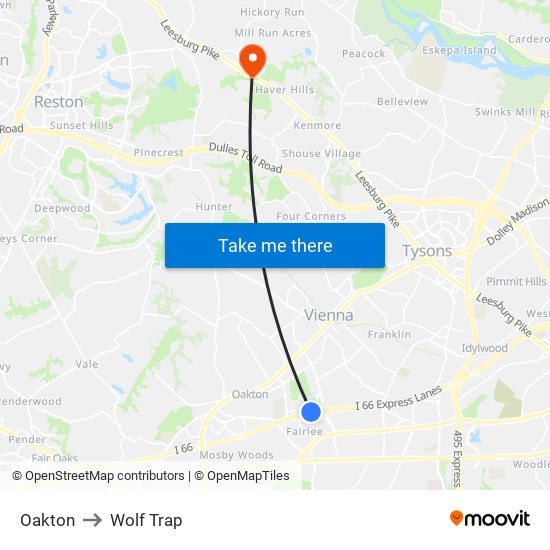 Oakton to Wolf Trap map