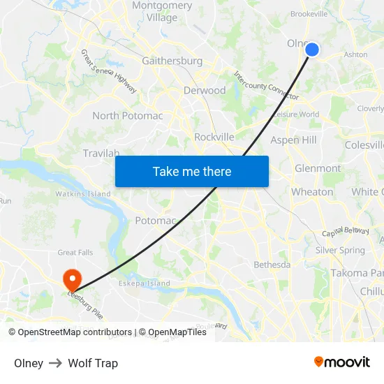 Olney to Wolf Trap map