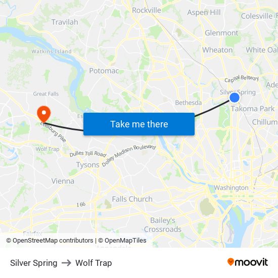 Silver Spring to Wolf Trap map