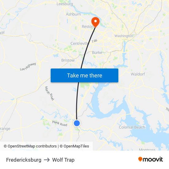 Fredericksburg to Wolf Trap map