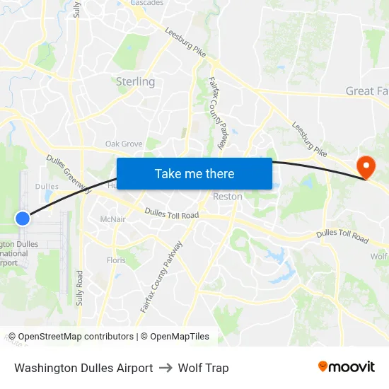 Washington Dulles Airport to Wolf Trap map