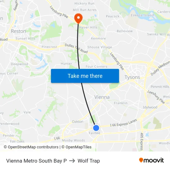 Vienna Metro South Bay P to Wolf Trap map