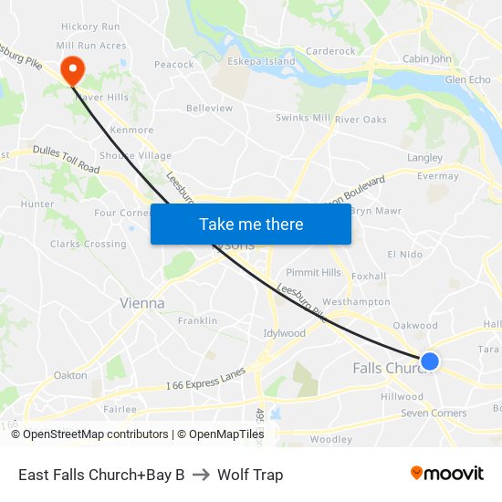 East Falls Church+Bay B to Wolf Trap map