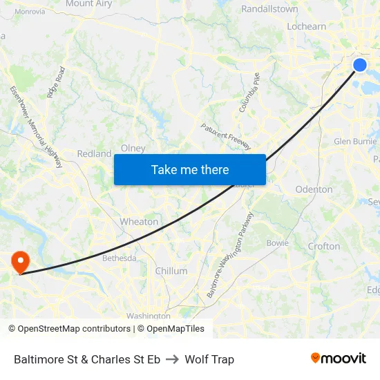 Baltimore St & Charles St Eb to Wolf Trap map