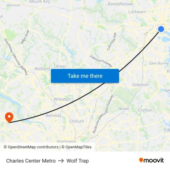 Charles Center Metro to Wolf Trap map