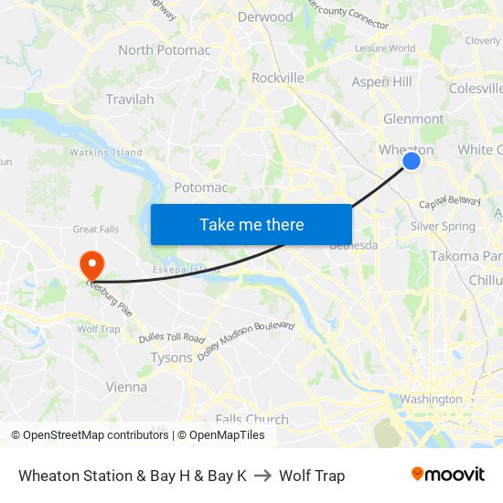 Wheaton Station  & Bay H & Bay K to Wolf Trap map