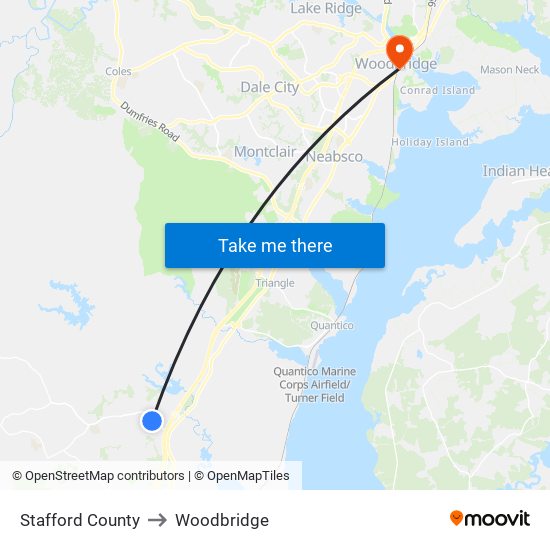 Stafford County to Woodbridge map