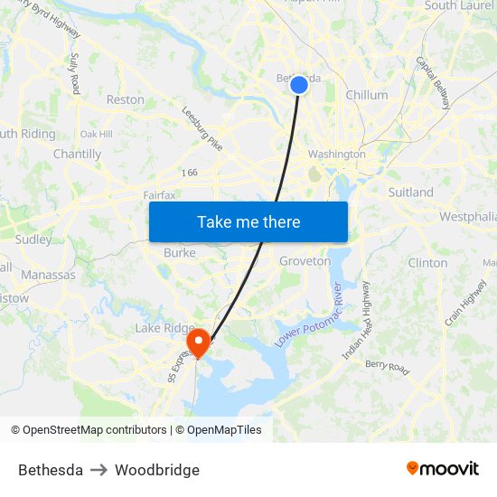 Bethesda to Woodbridge map
