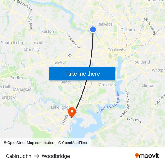 Cabin John to Woodbridge map