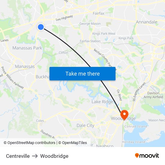 Centreville to Woodbridge map