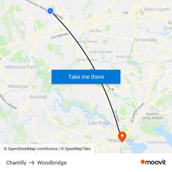 Chantilly to Woodbridge map