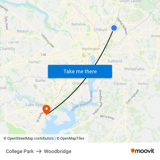 College Park to Woodbridge map