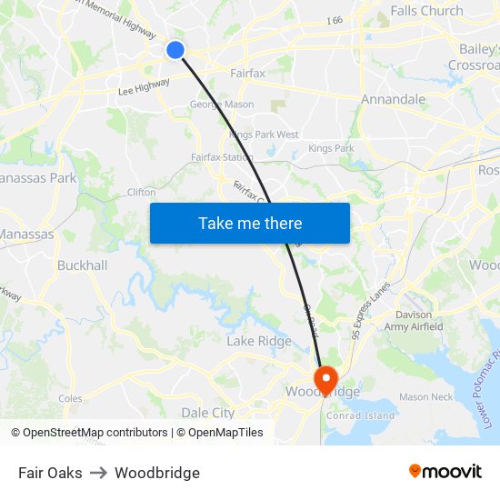 Fair Oaks to Woodbridge map