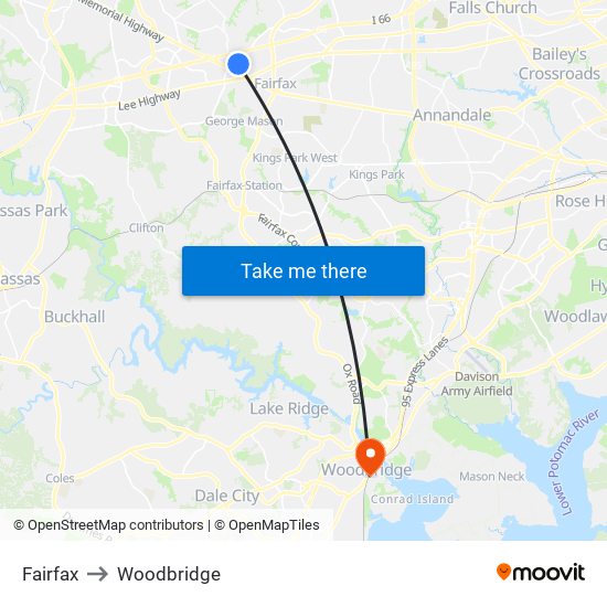 Fairfax to Woodbridge map