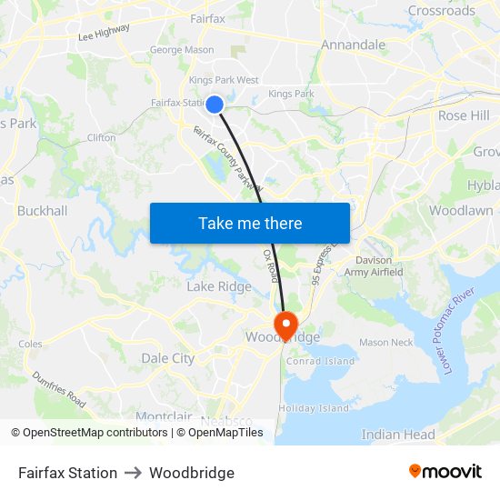 Fairfax Station to Woodbridge map