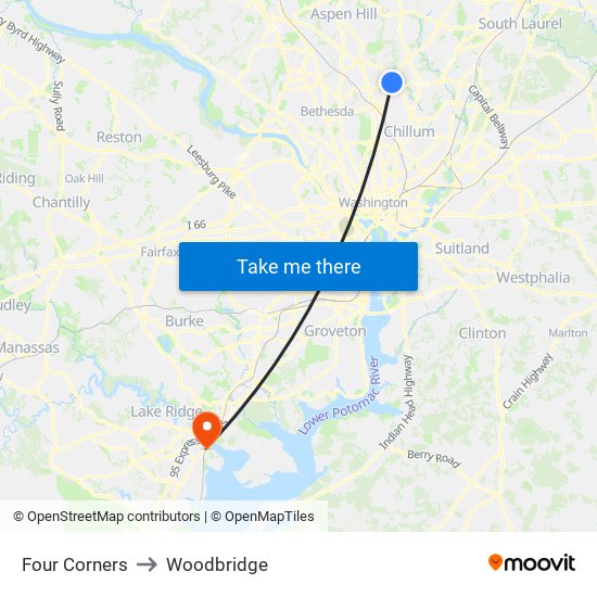 Four Corners to Woodbridge map