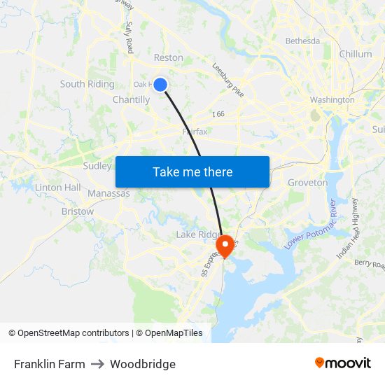 Franklin Farm to Woodbridge map