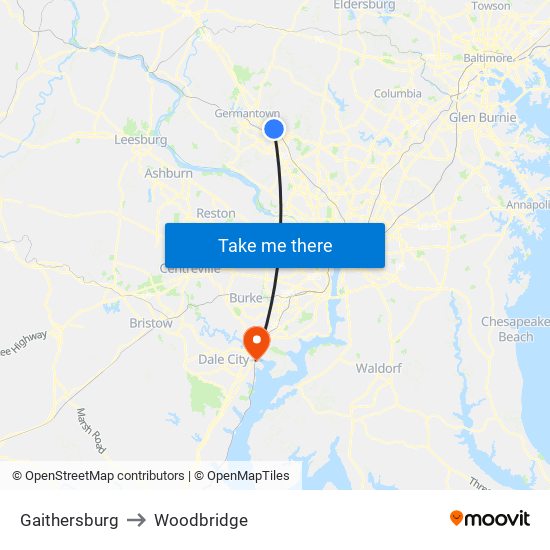 Gaithersburg to Woodbridge map