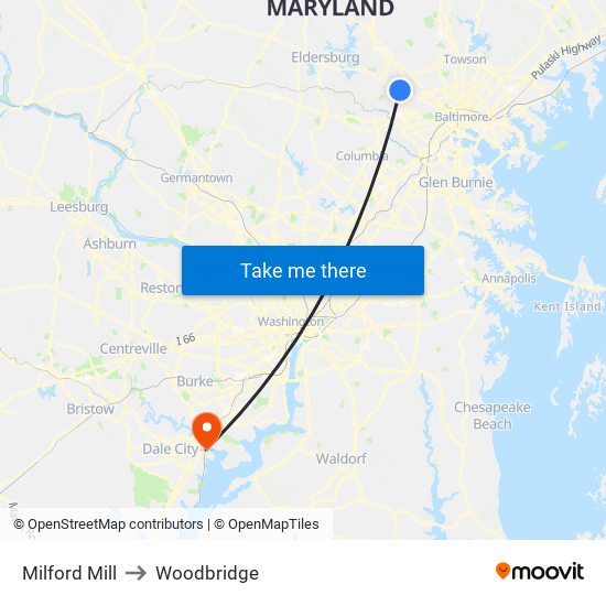 Milford Mill to Woodbridge map