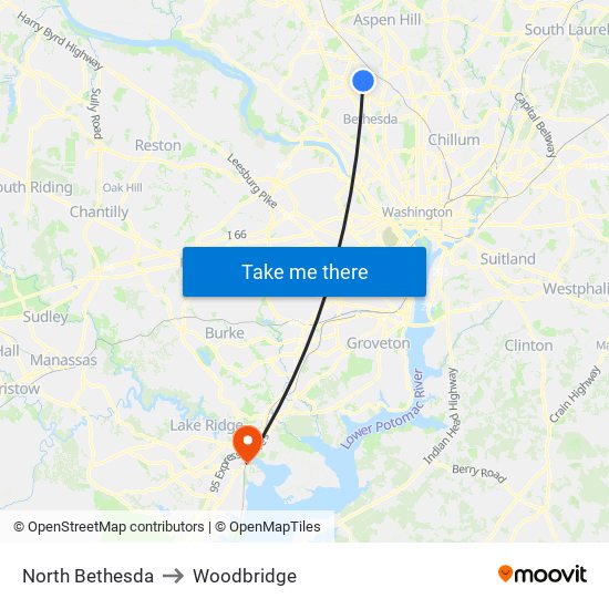 North Bethesda to Woodbridge map