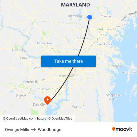 Owings Mills to Woodbridge map