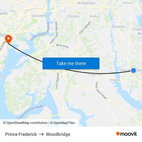 Prince Frederick to Woodbridge map