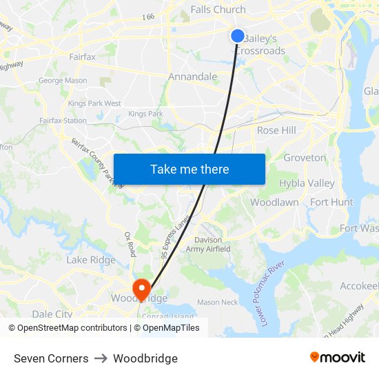 Seven Corners to Woodbridge map