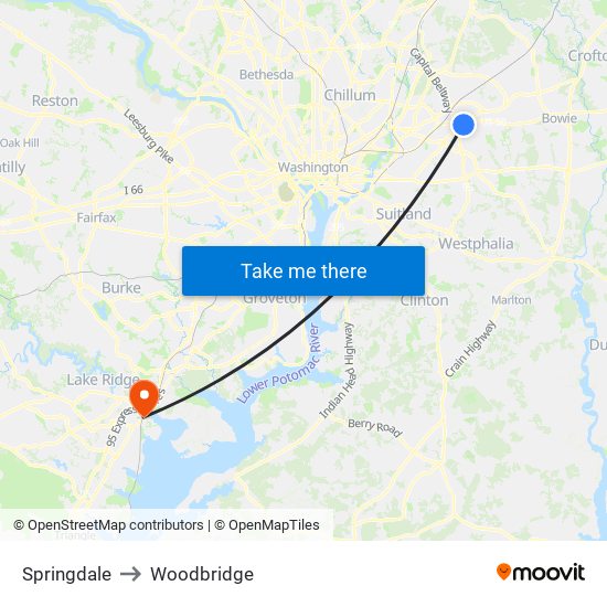 Springdale to Woodbridge map