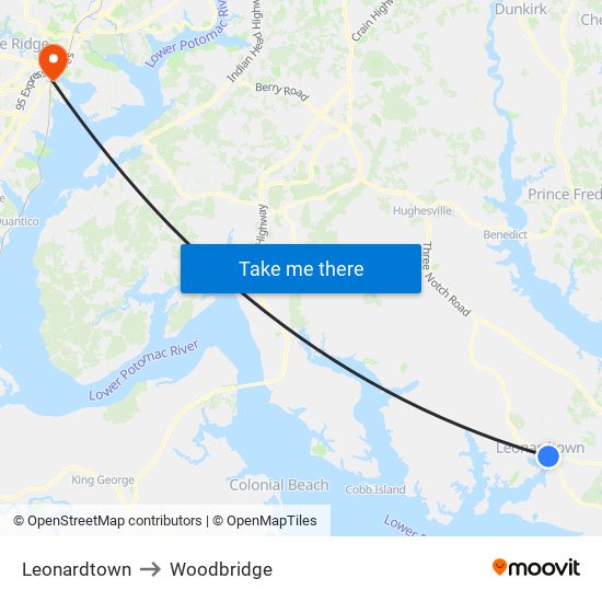 Leonardtown to Woodbridge map