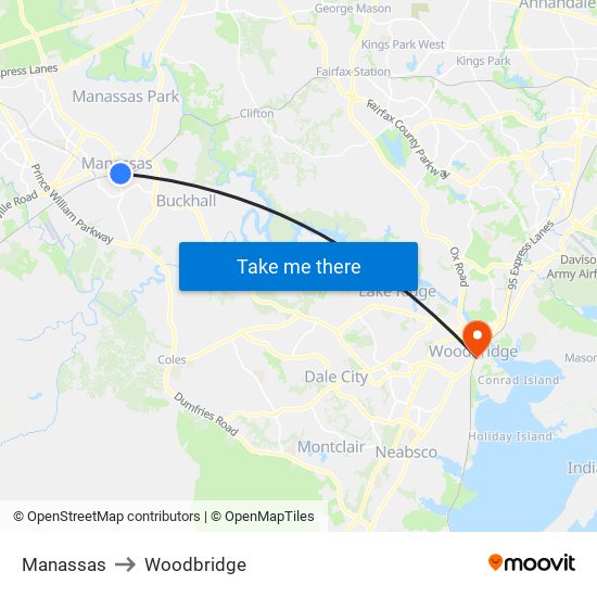 Manassas to Woodbridge map