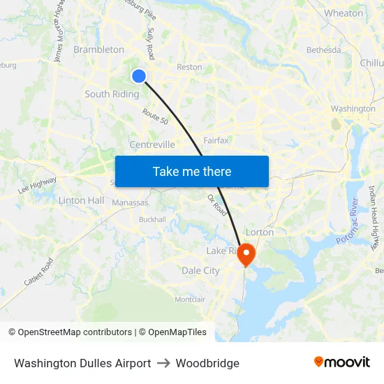 Washington Dulles Airport to Woodbridge map