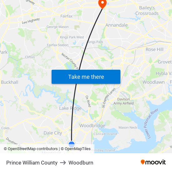 Prince William County to Woodburn map