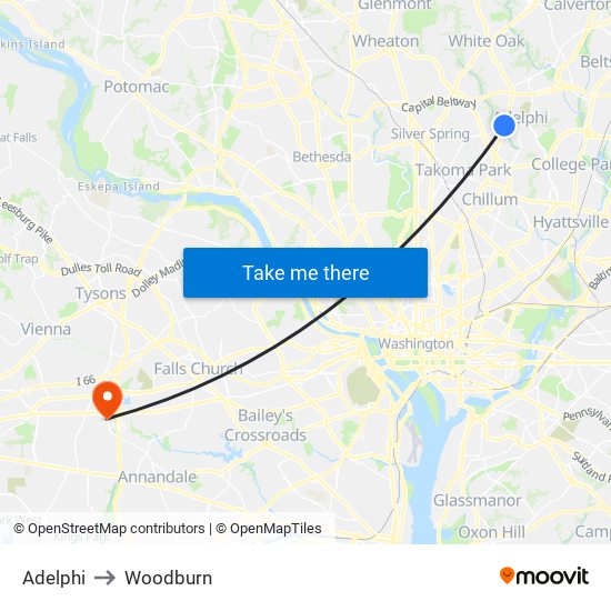 Adelphi to Woodburn map