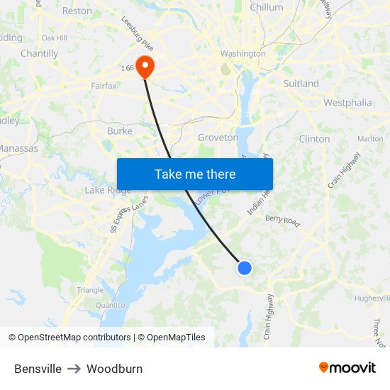 Bensville to Woodburn map