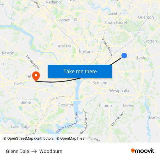 Glenn Dale to Woodburn map