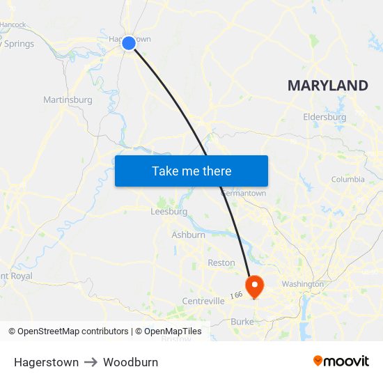 Hagerstown to Woodburn map